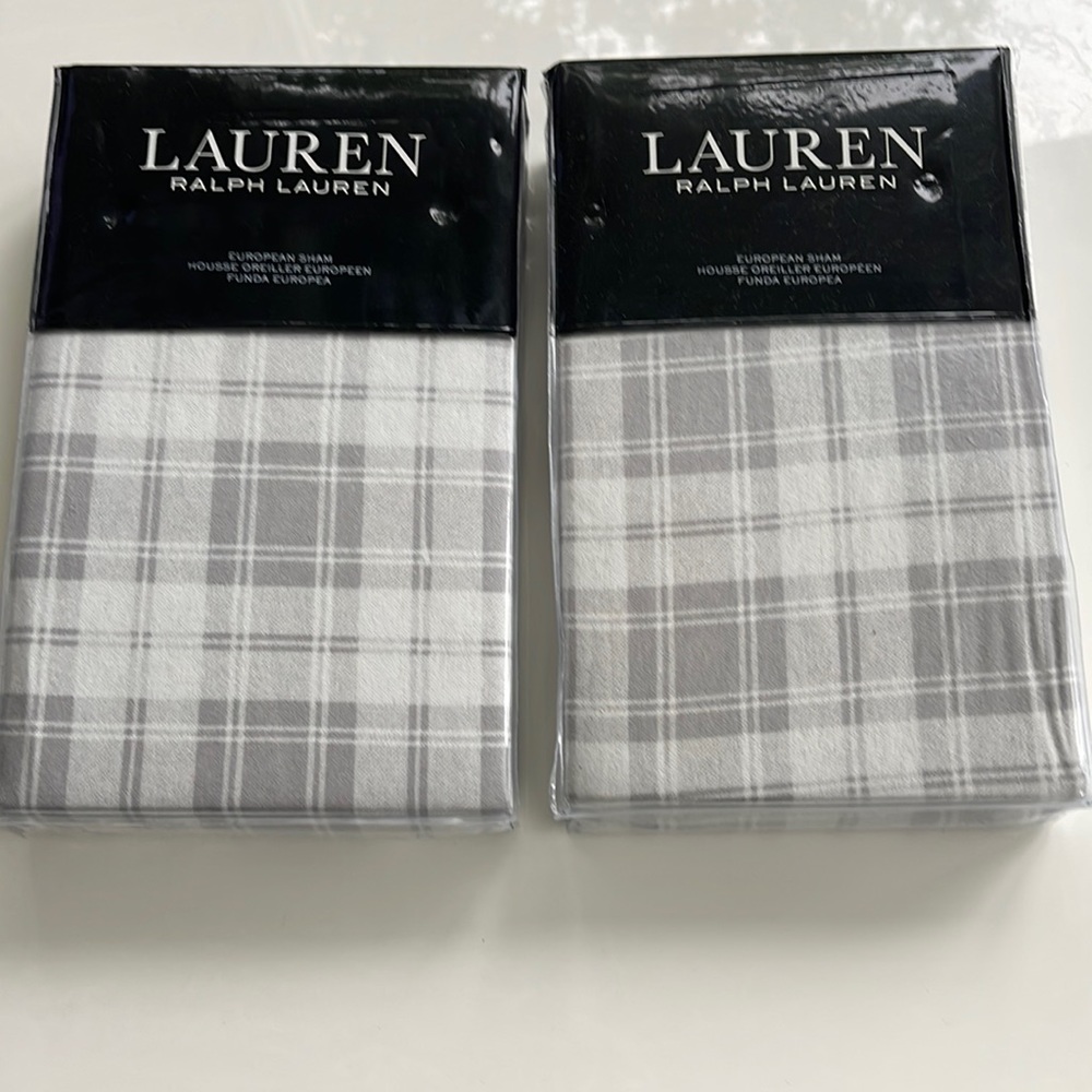 New Ralph Lauren Flannel Gray White Plaid European Sham Set of 2. $270.